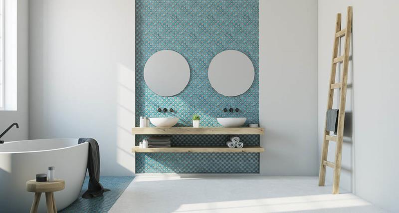 aqua-bathroom-tile-circular-mirror-wood-accents-clean