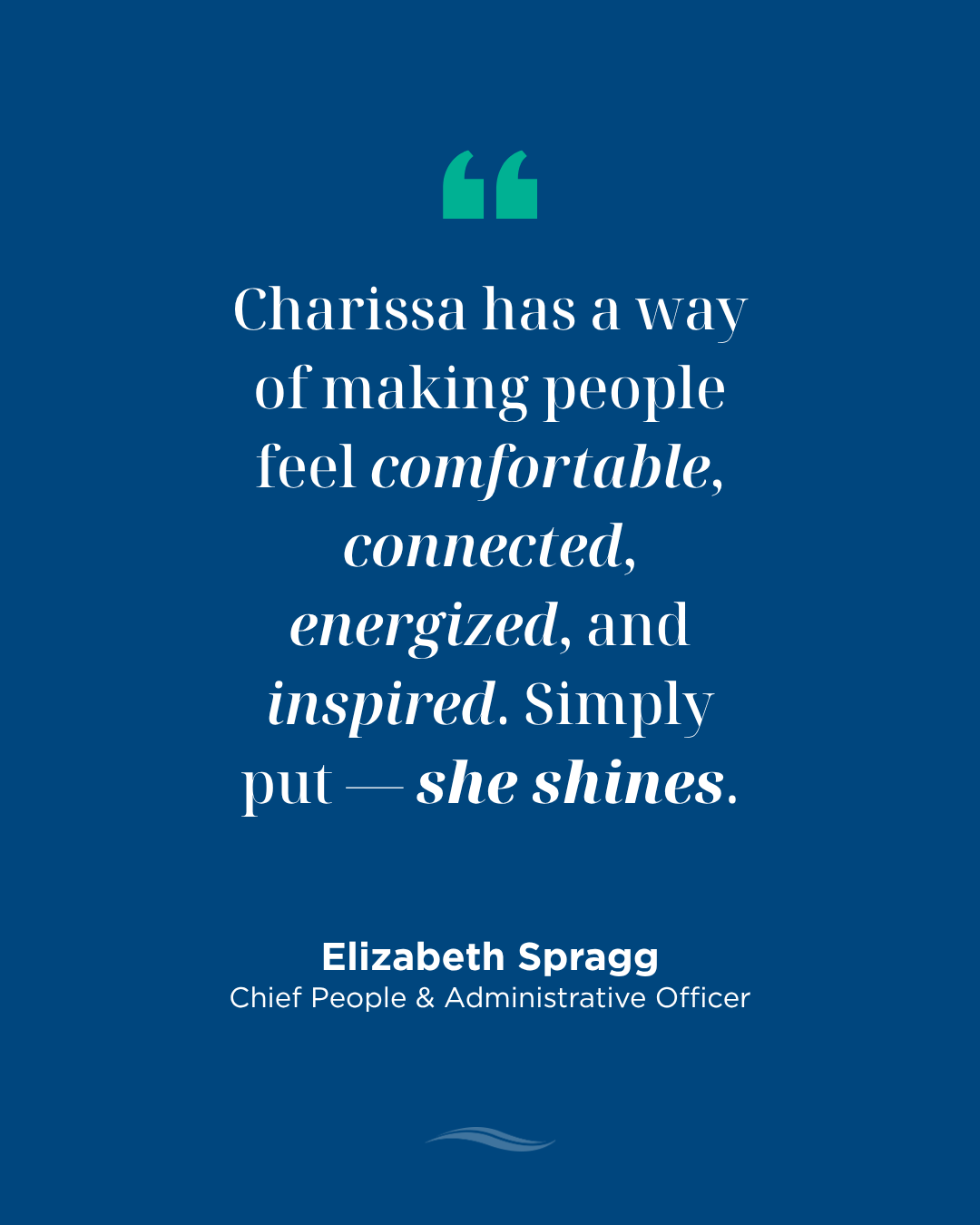 Elizabeth Spragg quote recognizing Charissa Martin for 20 years of growth, innovation, and contributions at Waterstone Mortgage.
