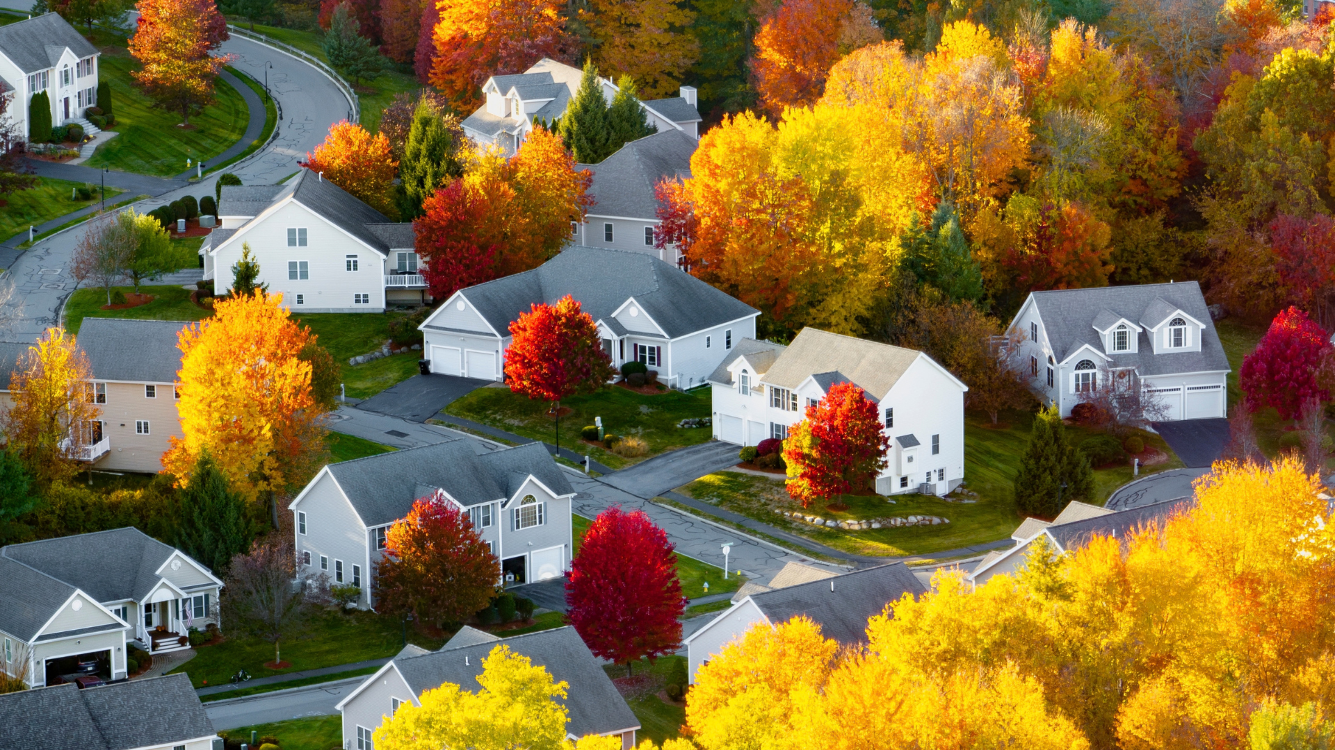 Neighborhood of homes surrounded by colorful autumn trees during the fall homebuying season