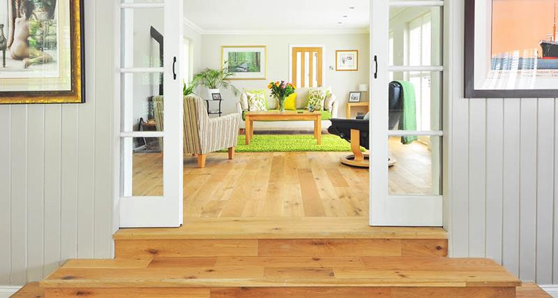 entry-of-living-room-wood-floors-green-carpet-panel-walls